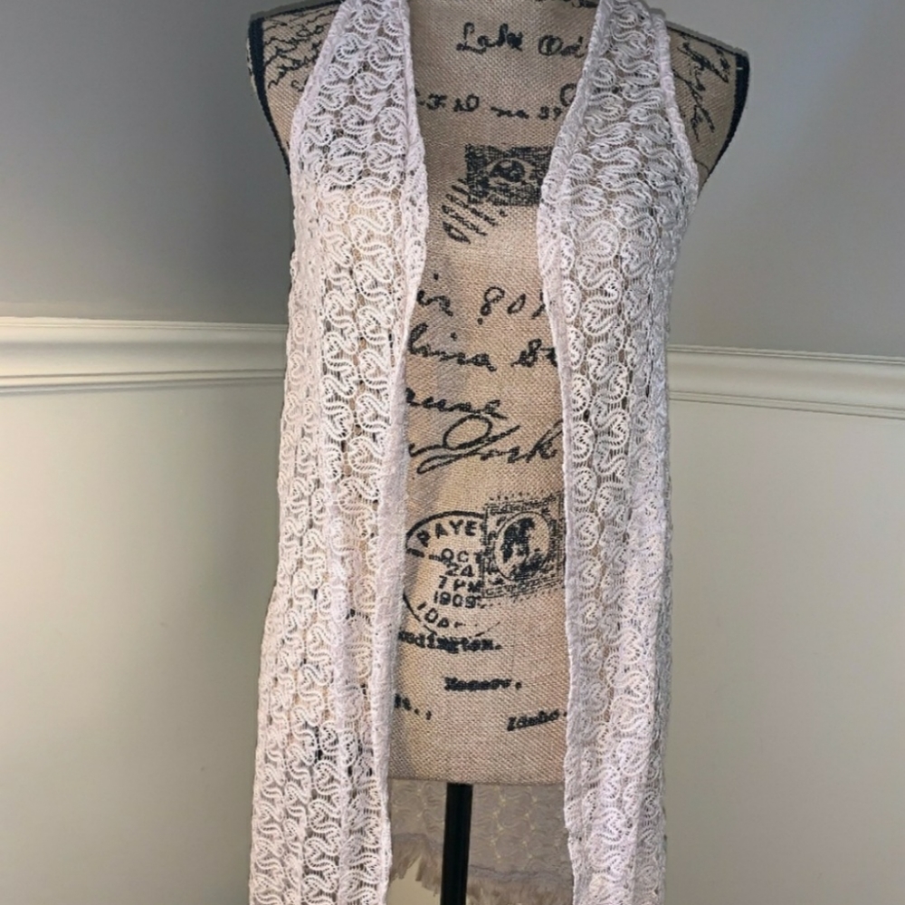 Wallflower knit lace detail, fringe bottom navy long vest shrug, shawl - Picture 5 of 6